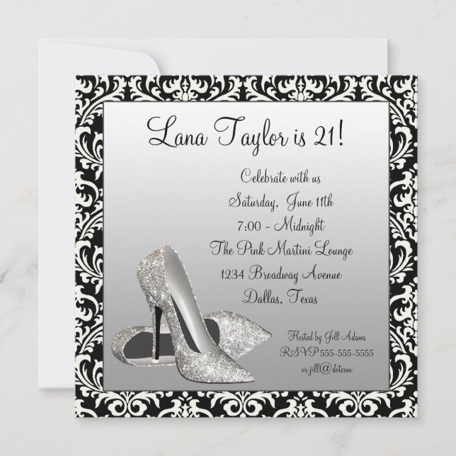 Invitation Talons hauts pailletés noir damas fête d'anniversa (Devant)