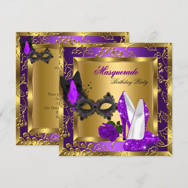 Invitation Talons hauts pailletés or masqués violet noir (Devant / Derrière)