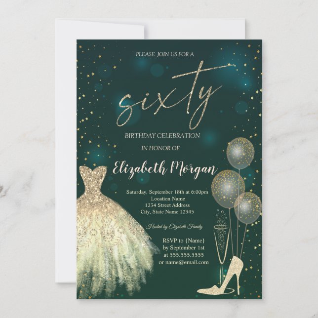 Invitation Talons Hauts,Robe,Étoiles Vert 60e Anniversaire  (Devant)