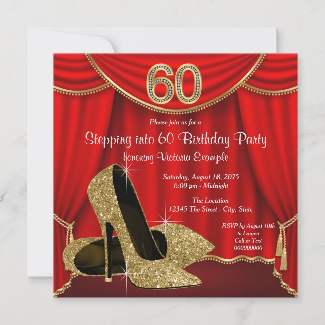 Invitation Talons hauts Rouge Or pour une fête d'anniversaire (Devant)