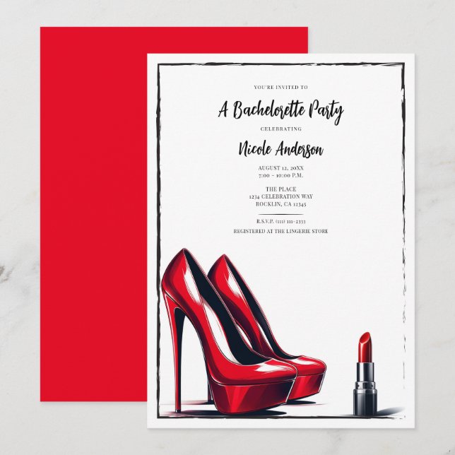 Invitation Talons hauts rouges et soirée Bachelorette Glamour (Devant / Derrière)