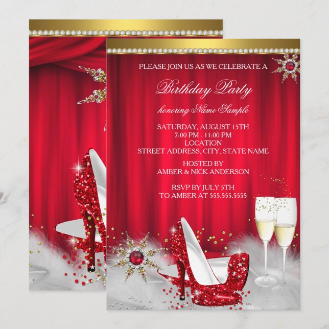 Invitation Talons Hauts Rouges Flocon de Neige Champagne Doré (Devant / Derrière)