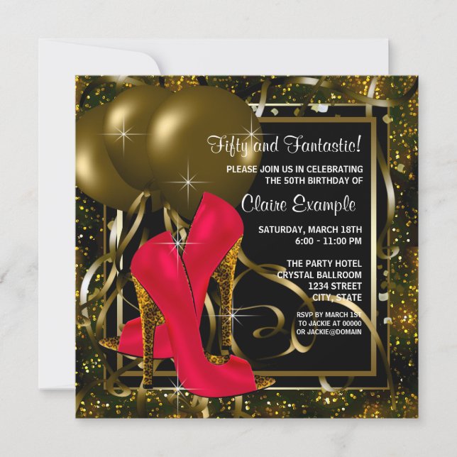 Invitation Talons hauts rouges noirs et dorés pour la fête d' (Devant)