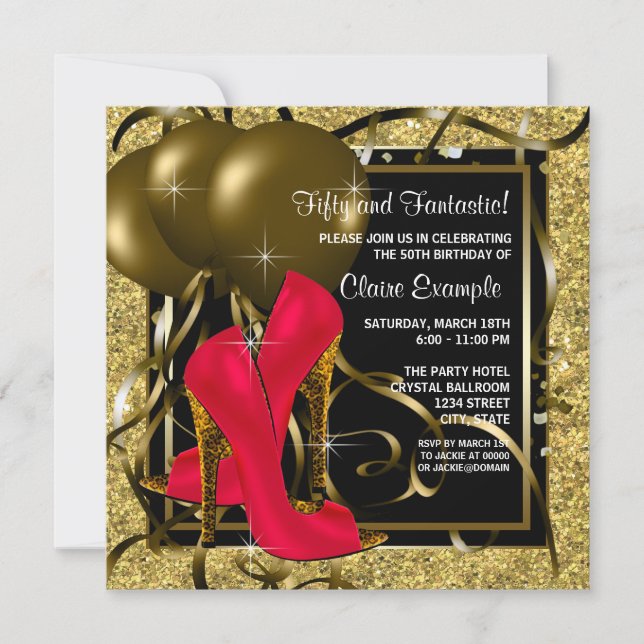 Invitation Talons hauts rouges noirs et dorés pour la fête d' (Devant)