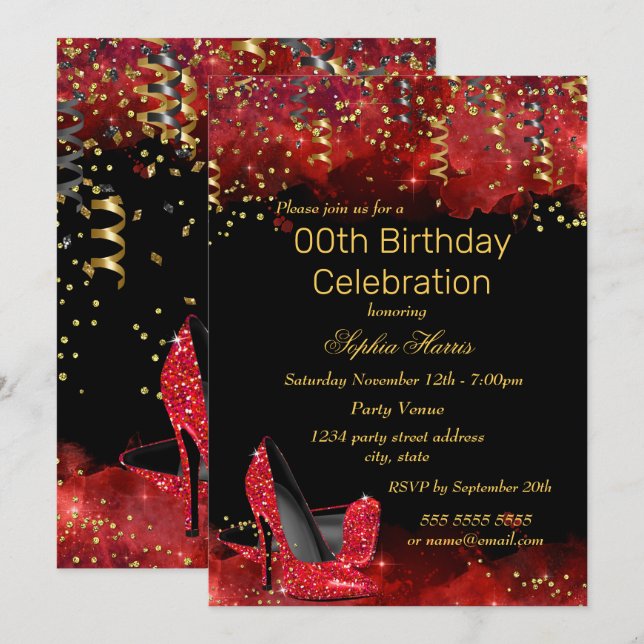 Invitation Talons hauts rouges paillettes or noir Fête d'anni (Devant / Derrière)