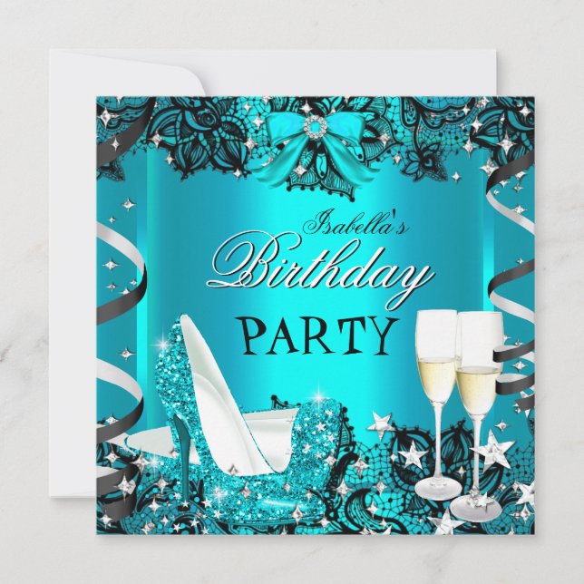 Invitation Talons Hauts Sarcelle Champagne Dentelle Noire Fêt (Devant)