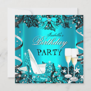 Invitation Talons Hauts Sarcelle Champagne Dentelle Noire Fêt