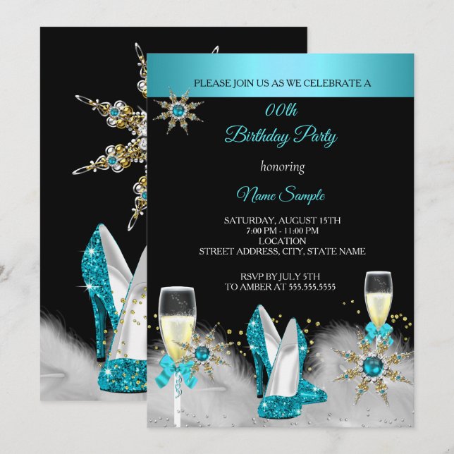 Invitation Talons hauts sarcelle noirs or champagne pour soir (Devant / Derrière)