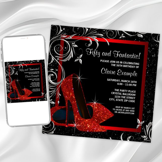 Invitation Talons hauts scintillants rouges et noirs pour l'a (Black and red shoe any event invitation. Instant download and printed invitations available.)