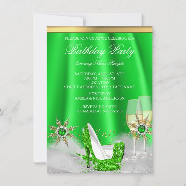 Invitation Talons hauts vert citron pailletés dorés champagne (Devant)