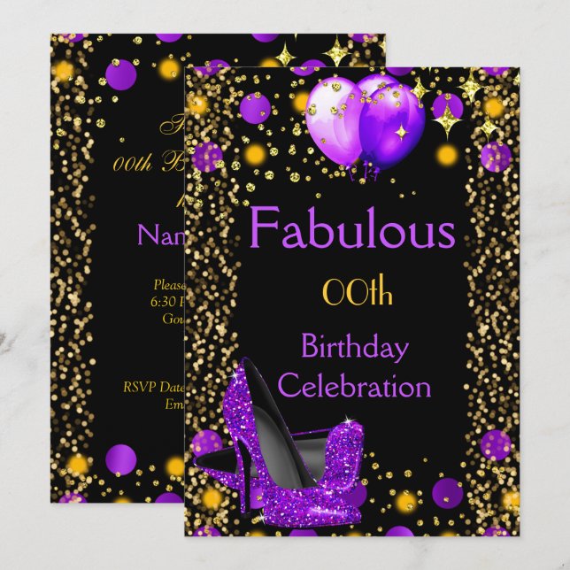 Invitation Talons hauts violets Ballons dorés Fête d'annivers (Devant / Derrière)
