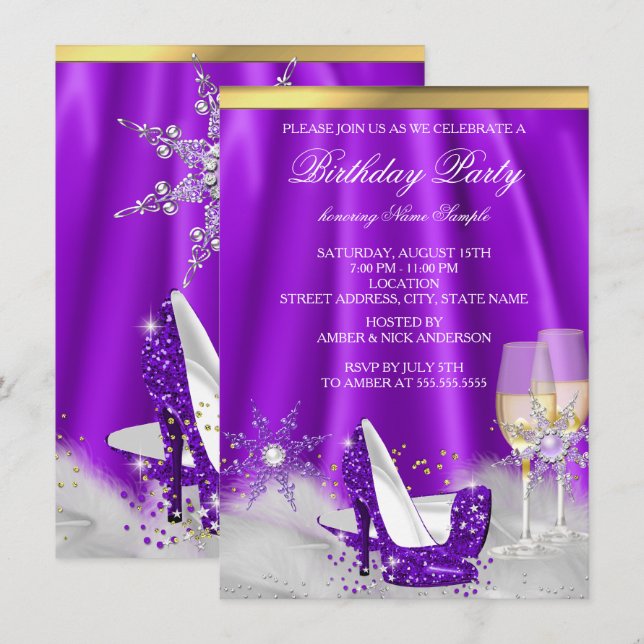 Invitation Talons Hauts Violets Champagne Doré Flocons de Nei (Devant / Derrière)