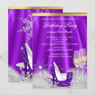 Invitation Talons Hauts Violets Champagne Doré Flocons de Nei