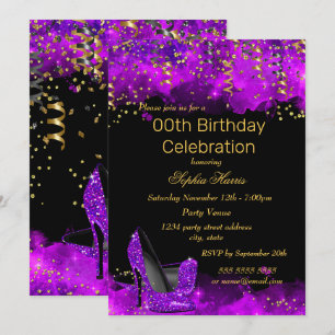 Invitation Talons hauts violets pailletés or noir Fête d'anni