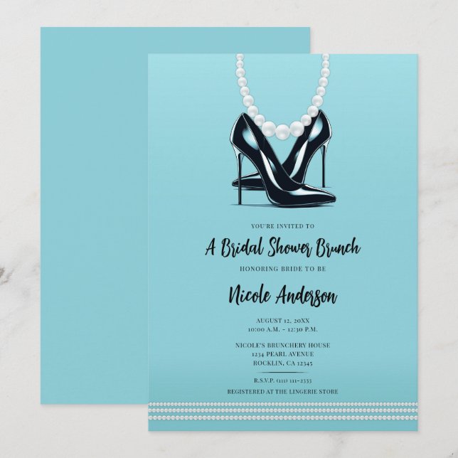 Invitation Talons noirs et perles Brunch de mariage turquoise (Devant / Derrière)