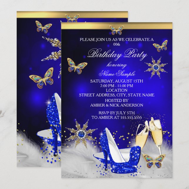 Invitation Talons Papillon Bleu Royal Pailleté Champagne Doré (Devant / Derrière)