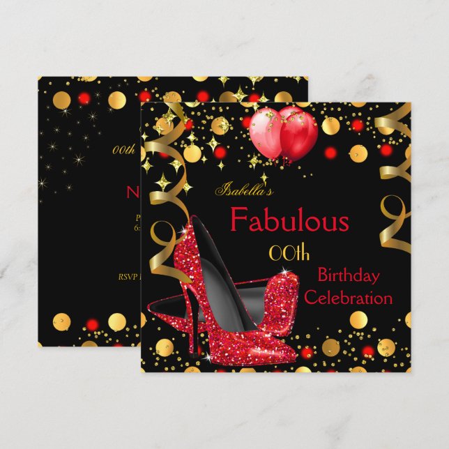 Invitation Talons Rouges Ballons Dorés Fête d'Anniversaire (Devant / Derrière)