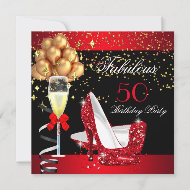 Invitation Talons Rouges Fabuleux Or Noir Fête d'Anniversaire (Devant)