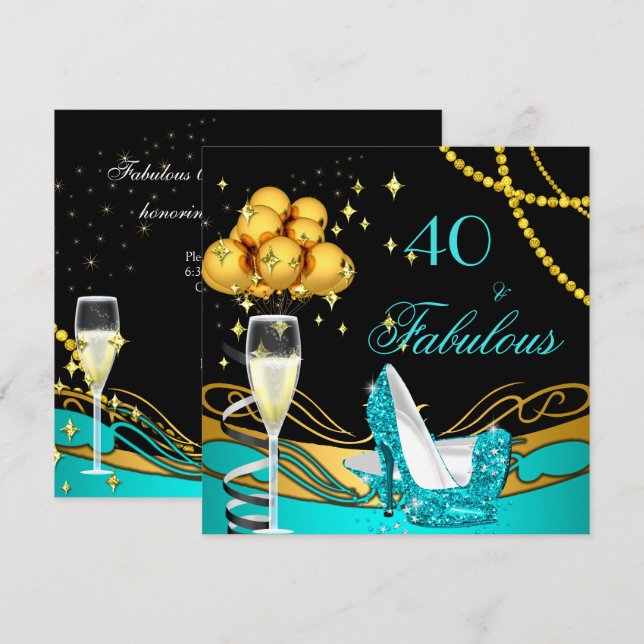Invitation Talons sarcelle fabuleux or noir fête d'anniversai (Devant / Derrière)