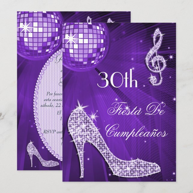 Invitation Talons scintillants boule disco violette 30ème ann (Devant / Derrière)