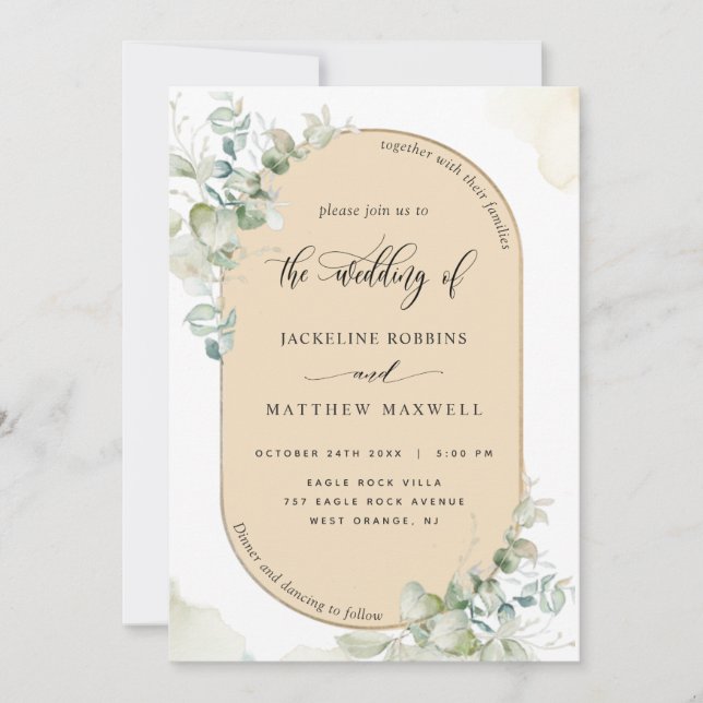 Invitation Tan Beige, Arche Ovale Eucalyptus, Mariage Vert (Devant)