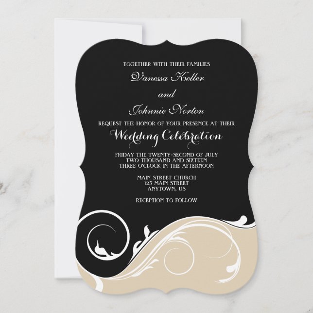 Invitation Tan Beige Black Swirl Mariage en crochet Invite (Devant)