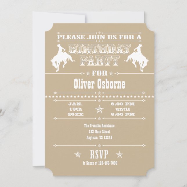 Invitation Tan Beige Cowboy Rodeo Anniversaire Fête Invitatio (Devant)