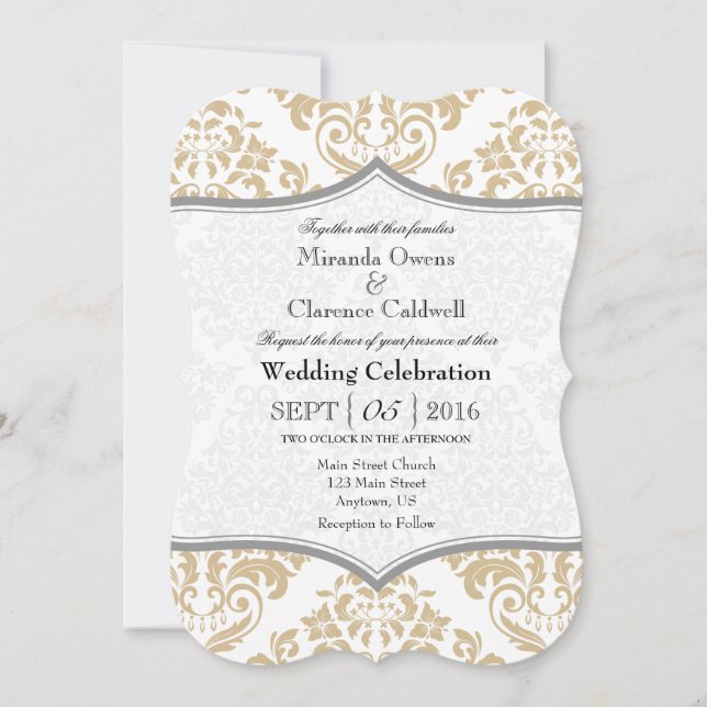 Invitation Tan Beige Grey Damask Mariage en tissu (Devant)