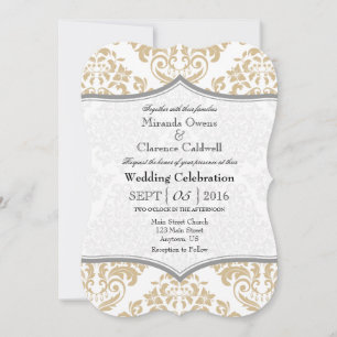 Invitation Tan Beige Grey Damask Mariage en tissu