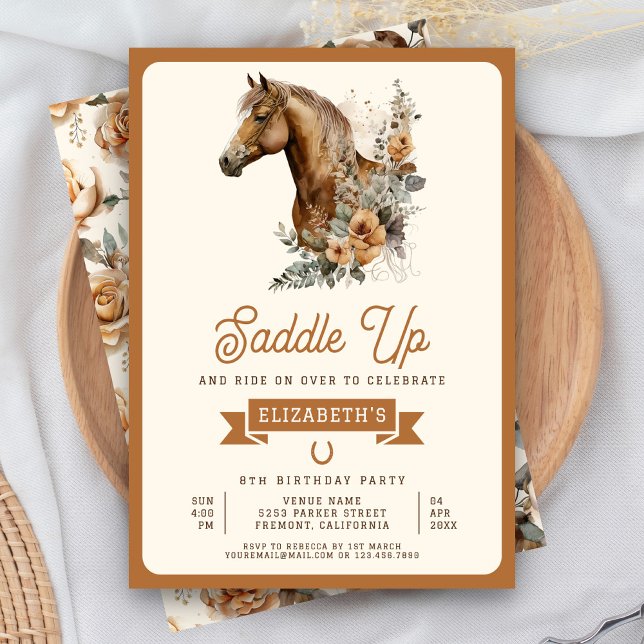 Invitation Tan Boho Floral Horse Cowgirl fête d'anniversaire (Créateur téléchargé)