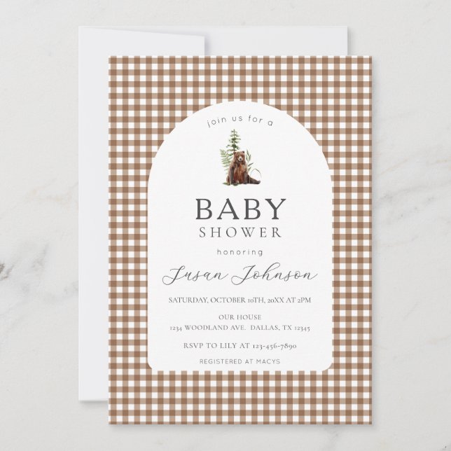 Invitation Tan Brown Check Plaid En vichy Garçon Bear Baby sh (Devant)