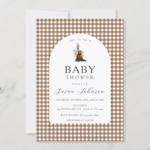 Invitation Tan Brown Check Plaid En vichy Garçon Bear Baby sh