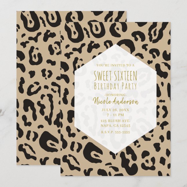 Invitation Tan Brown et noir Cheetah Leopard Chic Sweet 16 po (Devant / Derrière)