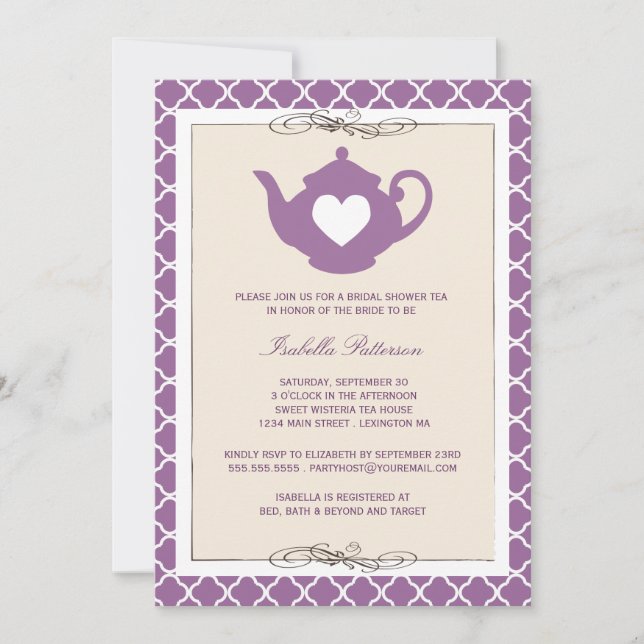 Invitation Tan Chic & Purple Teapot Fête de l'mariée Tea Part (Devant)