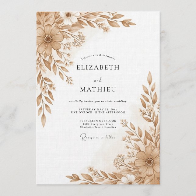 Invitation Tan Floral Brushstroke Romance Wedding (Devant)