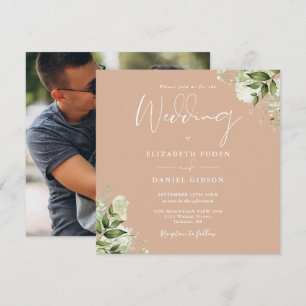 Invitation Tan Greenery Floral Carré photo Mariage