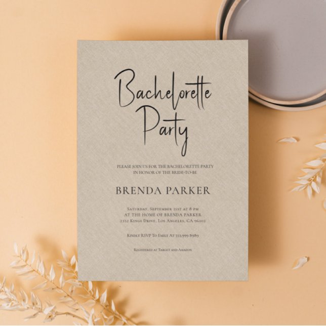 Invitation Tan Linen Simple Noir Script Bachelorette (Créateur téléchargé)