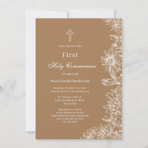 Invitation Tan White Floral Première Communion sainte