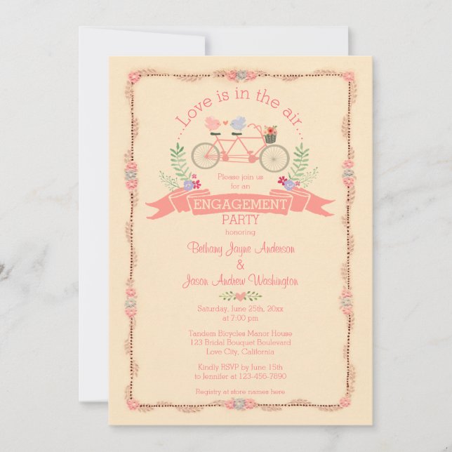 Invitation Tandem Bicycle, Oiseaux et Banner Engagement (Devant)