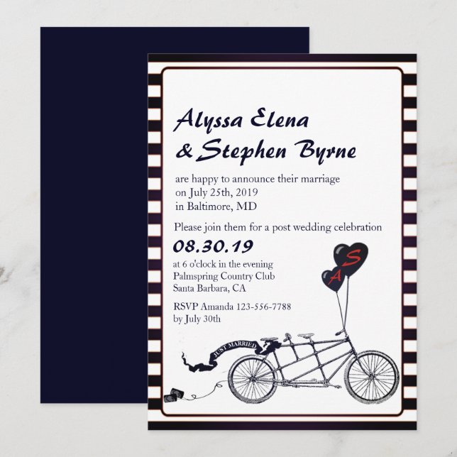 Invitation Tandem Bicyclette Réception Romantique de Mariage  (Devant / Derrière)