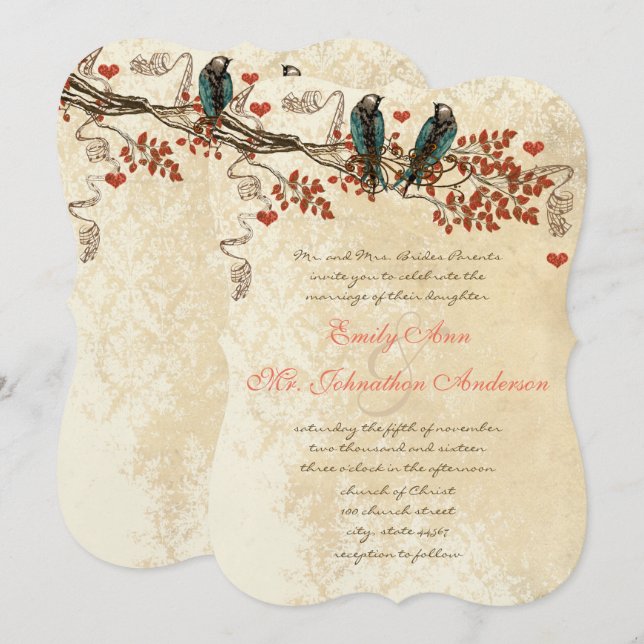 Invitation Tangerine Automne Feuilles Vintage Mariage d'oisea (Devant / Derrière)