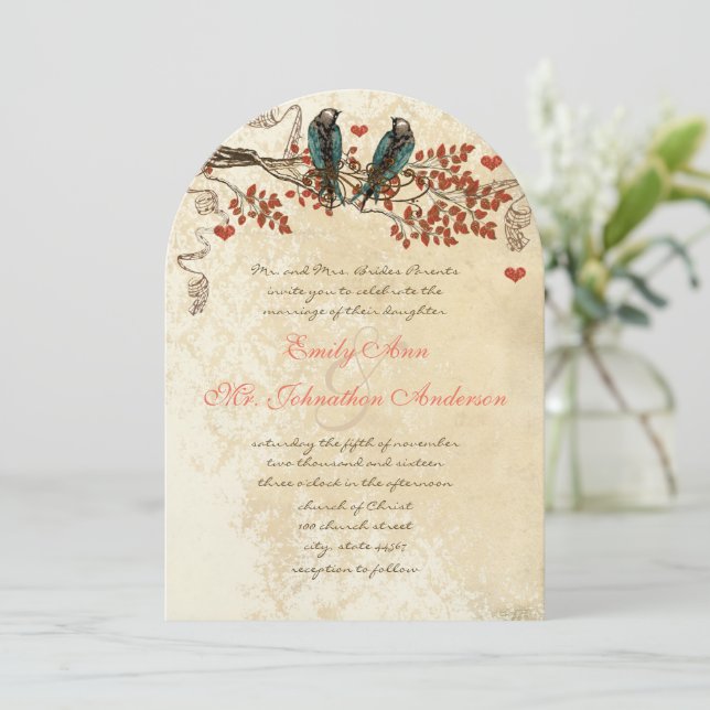 Invitation Tangerine Automne Feuilles Vintage Mariage d'oisea (Debout devant)