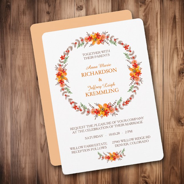 Invitation Tangerine Boho Floral Wreath Mariage moderne (Créateur téléchargé)