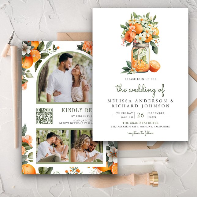 Invitation Tangerine Citrus Orange Mason Jar QR Code Mariage (Créateur téléchargé)