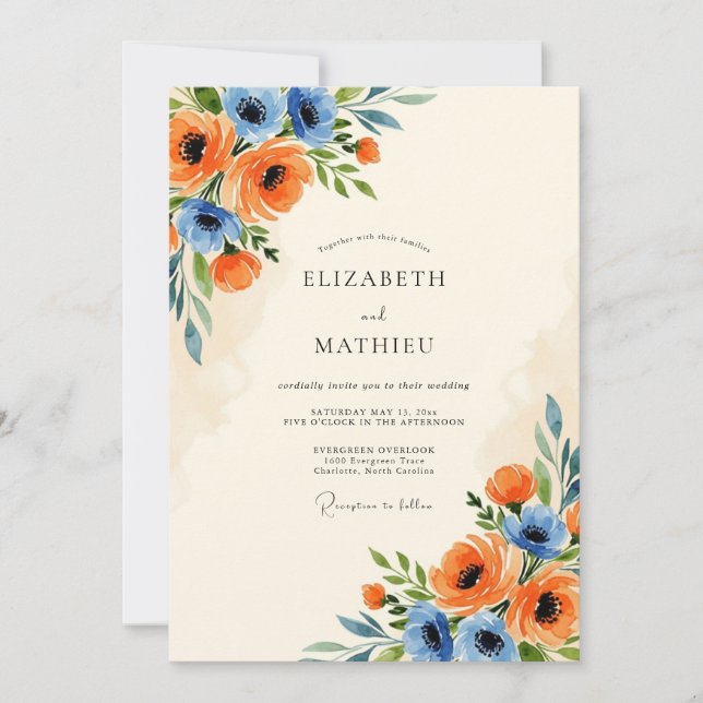 Invitation Tangerine Cornflower Blue Scenic Spring Wedding (Devant)