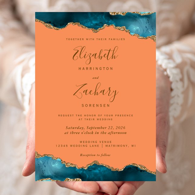 Invitation Tangerine Mariage moderne Turquoise or Agate (Créateur téléchargé)