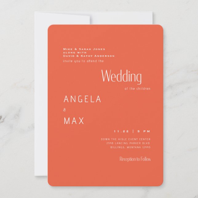 Invitation Tangerine moderne Les deux parents Mariage (Devant)