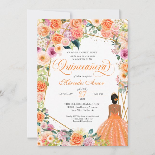 Invitation Tangerine Orange Pêche Blush Roses Quinceanera (Devant)