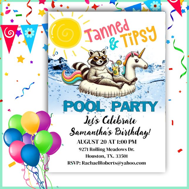 Invitation Tanned & Tipsy Raccoon Birthday Pool Party (Créateur téléchargé)