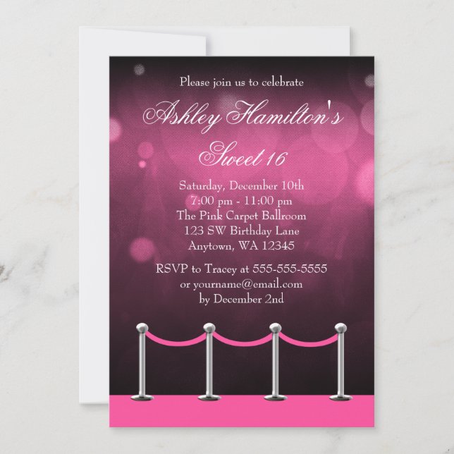 Invitation Tapis d'argent rose Hollywood Sweet 16 Anniversair (Devant)